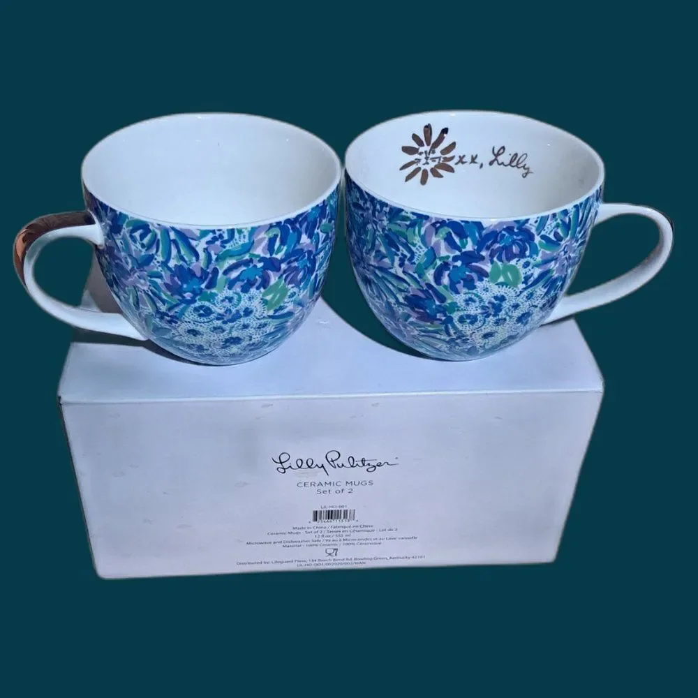 Lilly Pulitzer Floral Gold Blue Multi Ceramic Coffee Mug Cup Dishwasher Safe